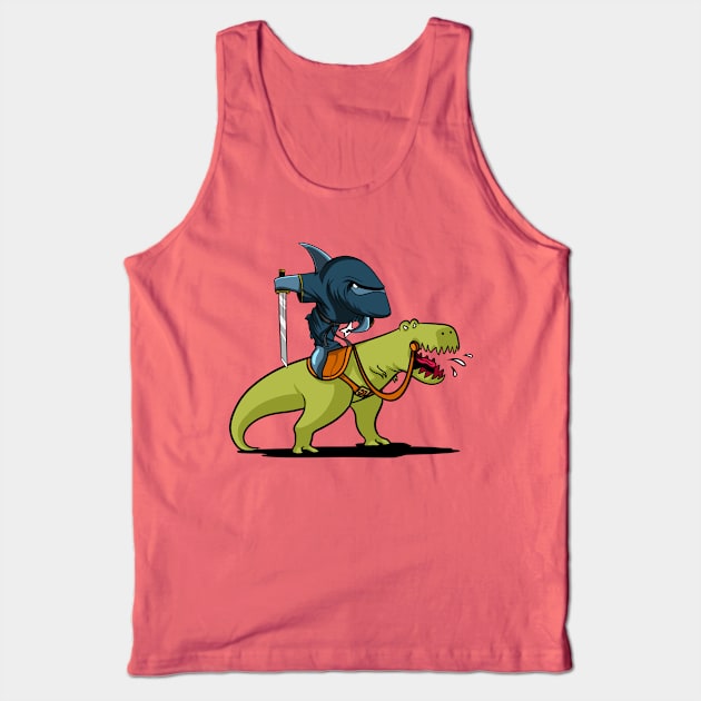 Shark Ninja Riding T-Rex Dinosaur Tank Top by underheaven